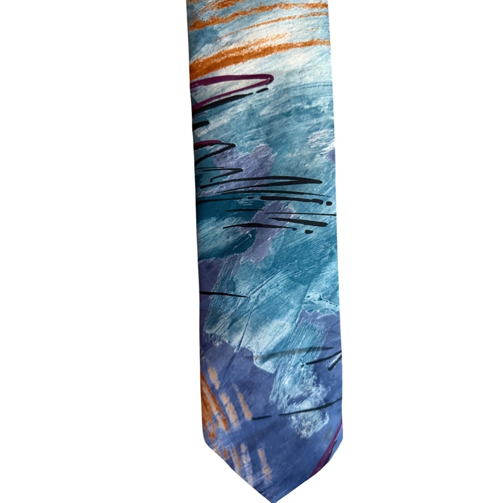 Italian All Silk Hand Made Abstract Painterly Blue Purple Orange Necktie